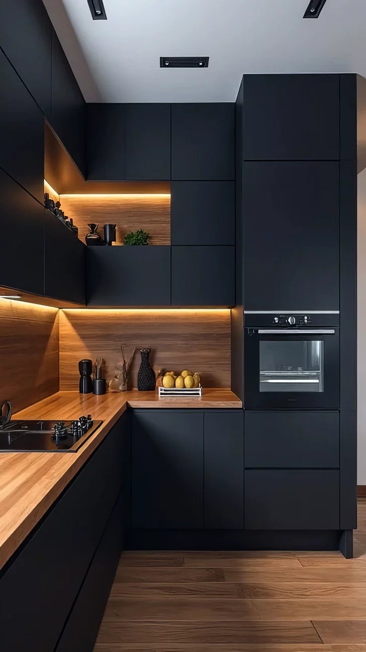 Black matte and wood kitchen renovation Stellenbosch warm industrial style