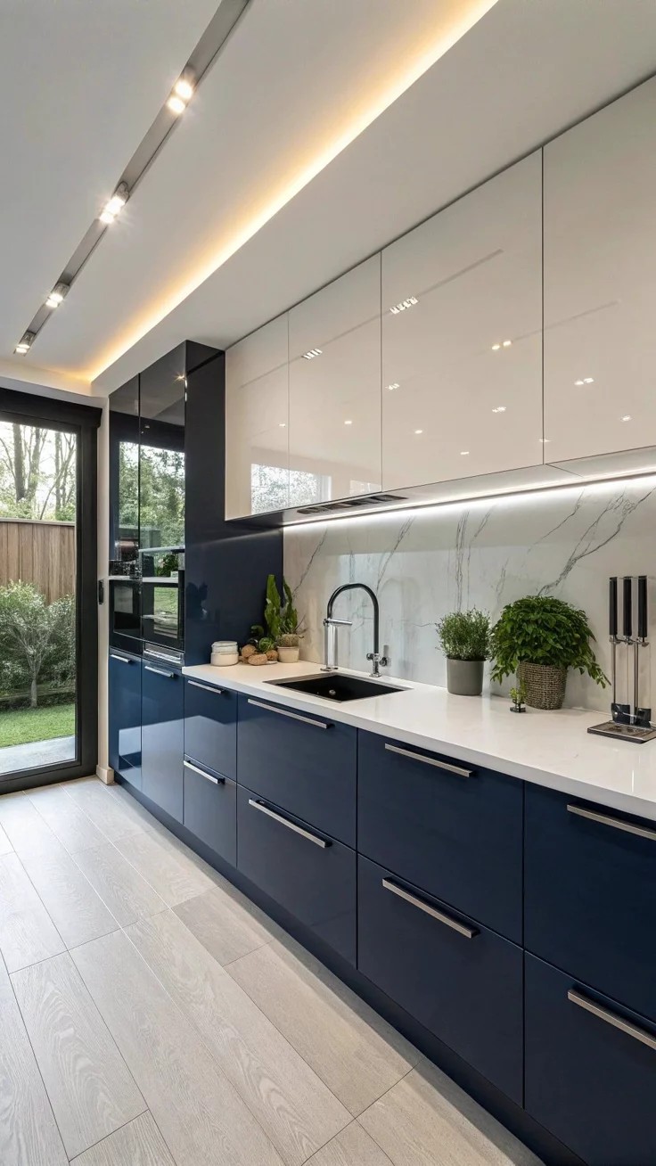 Modern kitchen renovation Stellenbosch navy blue units white countertop